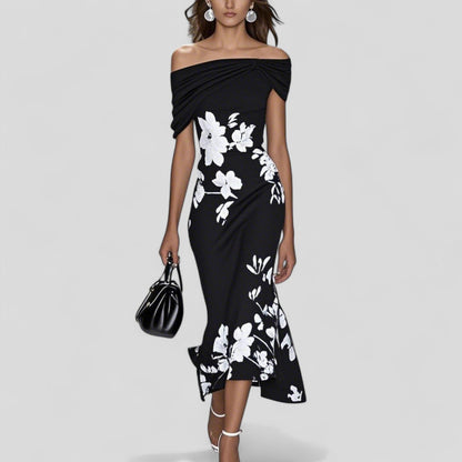 Sania | Women's Floral Off-Shoulder Ruffle Hem Midi Dress