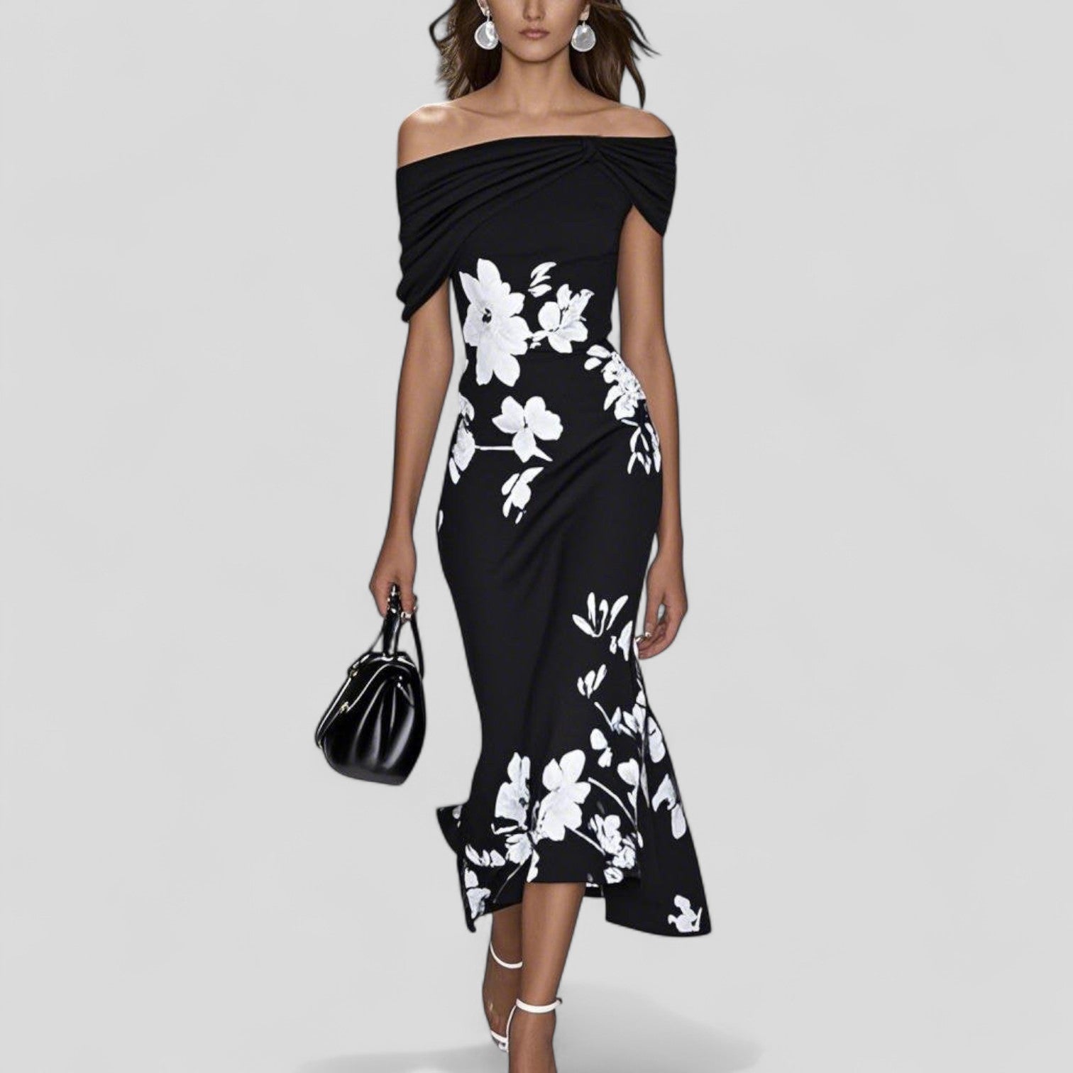 Sania | Women's Floral Off-Shoulder Ruffle Hem Midi Dress