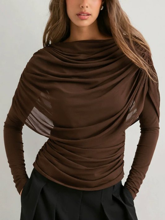 Solid Color See-Through Ruched Skinny Long Sleeves Heaps Collar Blouses&shirts Tops