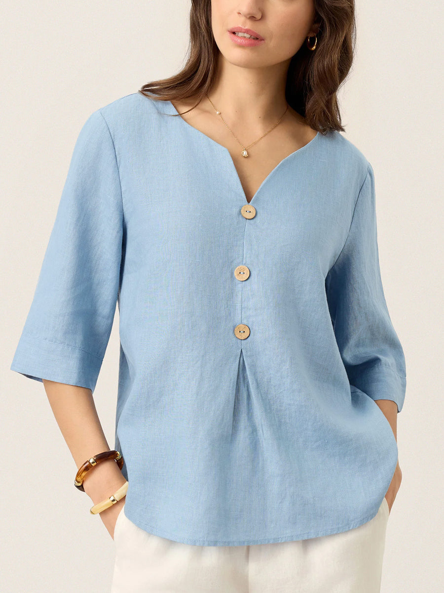 Loose Three-Quarter Sleeves Buttoned Solid Color V-Neck Blouses&Shirts Tops