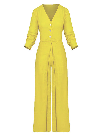 High Waisted Long Sleeves Buttoned Pockets Solid Color V-Neck Jumpsuits