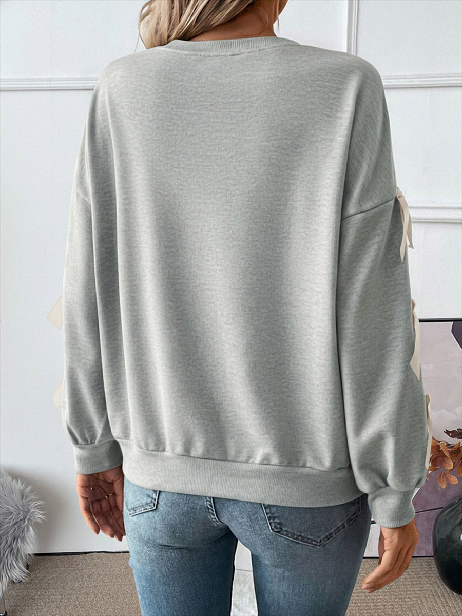 Split-Joint Contrast Color Bow-Embellished Loose Long Sleeves Round-Neck Sweatshirt Tops