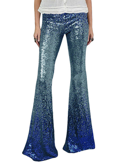 Pantalon évasé à jambe skinny, dégradé de couleurs contrastées, paillettes brillantes 