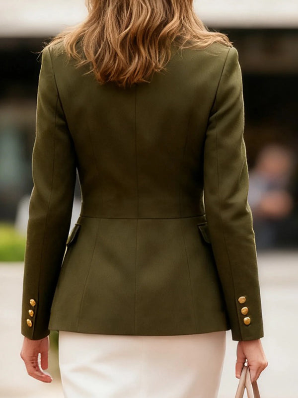 Long Sleeves Buttoned Pleated Pockets Solid Color Stand Collar Outerwear