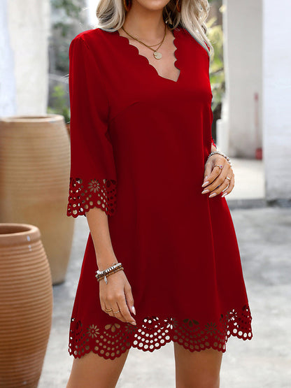 A-Line Loose Hollow Solid Color V-Neck Mini Dresses