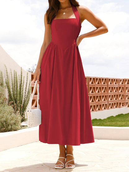 A-Line High Waisted Backless Pleated Pockets Solid Color Split-Joint Halter-Neck Midi Dresses