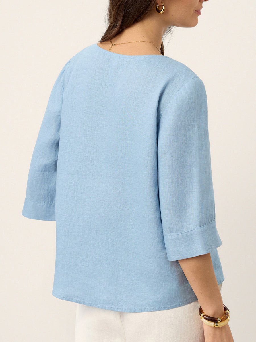 Loose Three-Quarter Sleeves Buttoned Solid Color V-Neck Blouses&Shirts Tops
