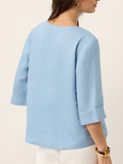 Loose Three-Quarter Sleeves Buttoned Solid Color V-Neck Blouses&Shirts Tops
