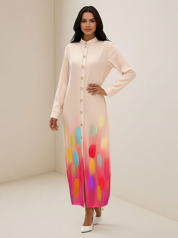 Irregularity Long Sleeves Abstract Printed Asymmetric Buttoned Contrast Color Geometric Split-Front Split-Joint Stand Collar Maxi Dresses Shirt Dress