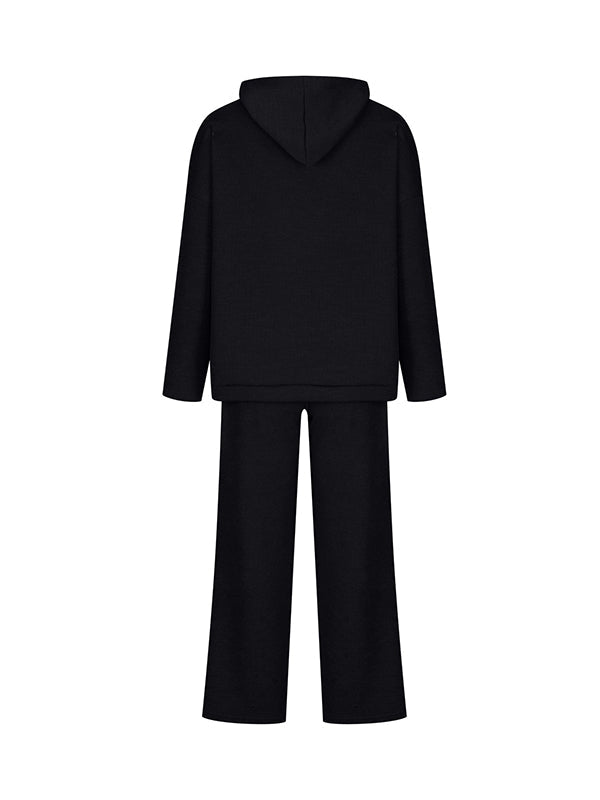 Ensemble deux pièces : pull ample à manches longues et col rond, couleur unie, avec capuche et pantalon à cordon de serrage 