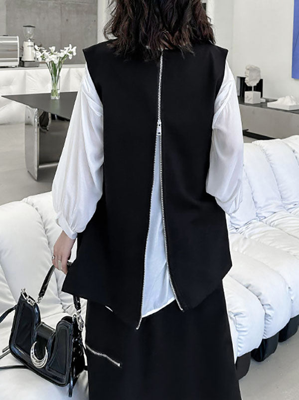 Débardeur ample sans manches à col rond et fermeture éclair asymétrique 