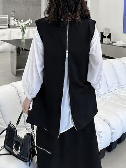 Débardeur ample sans manches à col rond et fermeture éclair asymétrique 