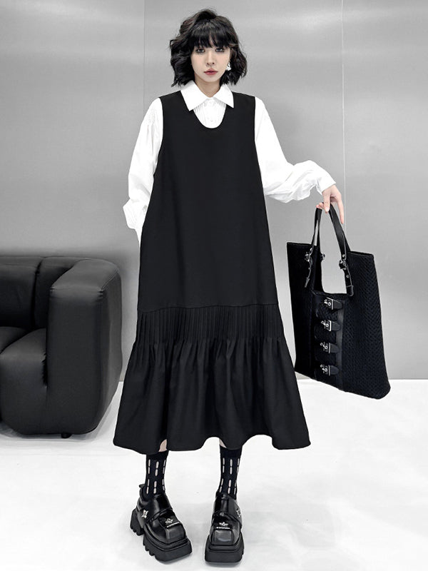 Long Sleeves Loose Buttoned Pleated Solid Color Polo Blouses&Shirts Tops