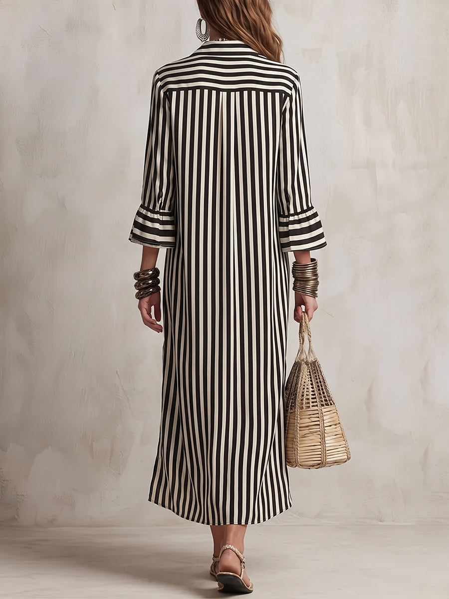 Striped Split-Joint Contrast Color Three-quarter Sleeves Ruffle Sleeves Lapel Midi Dresses