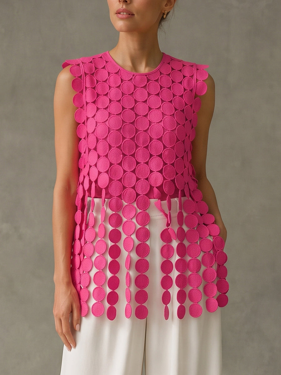 Tasseled Split-Joint Polka-Dot Hollow Sleeveless Loose Round-neck Blouses&shirts Tops
