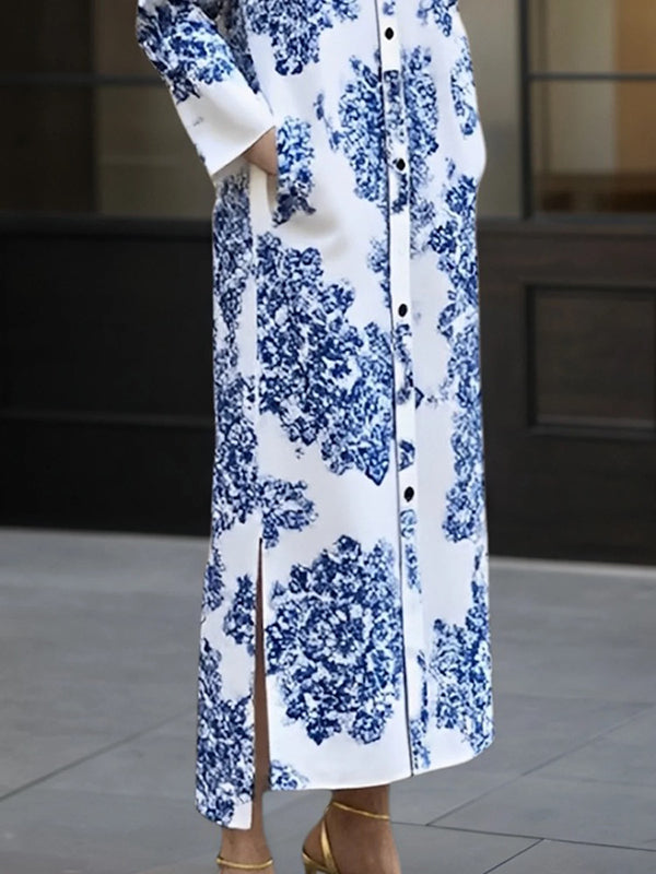 Long Sleeves Buttoned Printed Split-side Lapel Maxi Dresses Shirt Dress