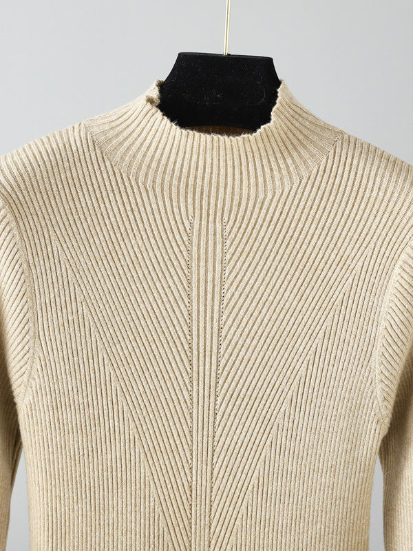 Stylish Long Sleeves High Waisted Pleated Solid Color Half Turtleneck Sweater Dresses