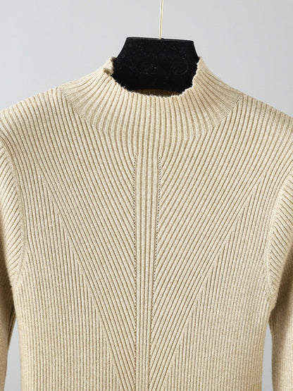 Stylish Long Sleeves High Waisted Pleated Solid Color Half Turtleneck Sweater Dresses