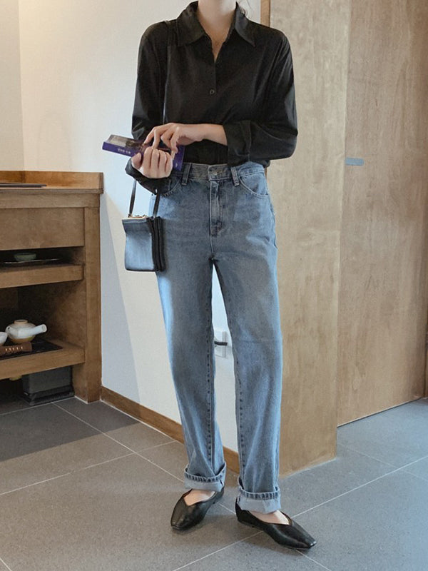 Long Sleeves Plus Size Buttoned Comfort Solid Color Lapel Blouses&Shirts Tops