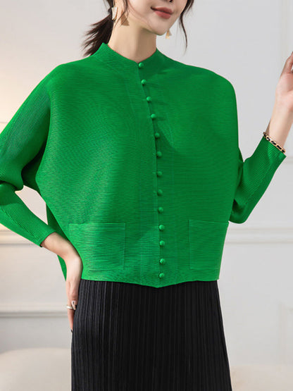 Manteau ample à manches longues, poches plissées boutonnées, couleur unie, col rond 