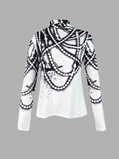 Long Sleeves Skinny Printed Striped High Neck T-Shirts Tops