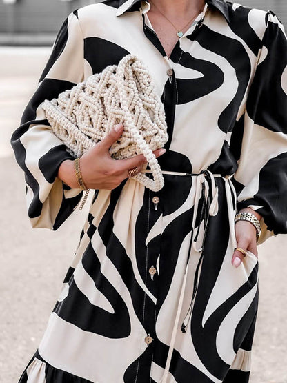 Long Sleeves Loose Contrast Color Pleated Printed Split-Joint Tied Waist Lapel Shirt Dress