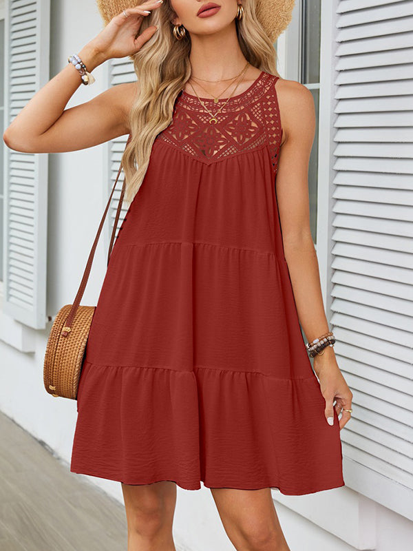 A-Linie Locker Hohl Plissee Einfarbig Split-Joint Rundhals Minikleider 