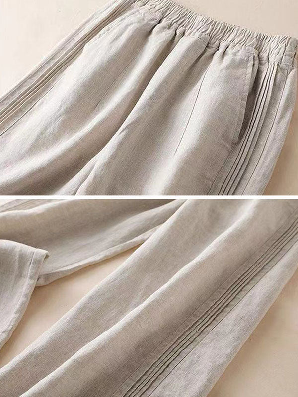 Ruffle Ramie Cotton Elasticity Loose Casual Wide-Leg Pants