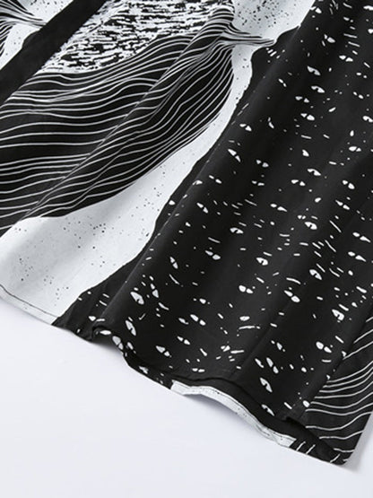 Loose Short Sleeves Contrast Color Drawstring Printed Tied Waist Lapel Midi Dresses Shirt Dress