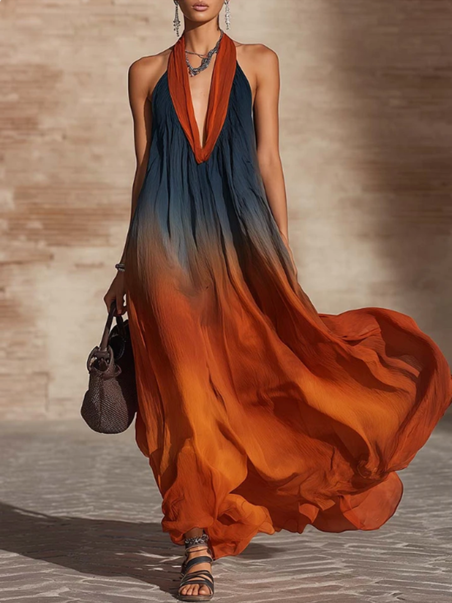 Pleated Contrast Color Sleeveless Loose Halter-Neck Maxi Dresses