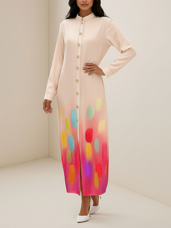 Irregularity Long Sleeves Abstract Printed Asymmetric Buttoned Contrast Color Geometric Split-Front Split-Joint Stand Collar Maxi Dresses Shirt Dress