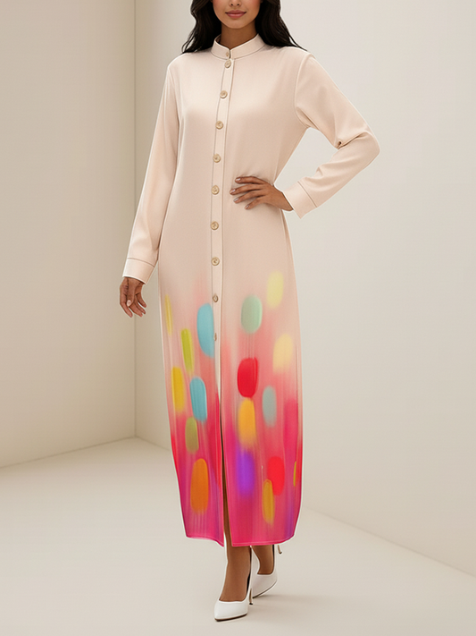 Irregularity Long Sleeves Abstract Printed Asymmetric Buttoned Contrast Color Geometric Split-Front Split-Joint Stand Collar Maxi Dresses Shirt Dress