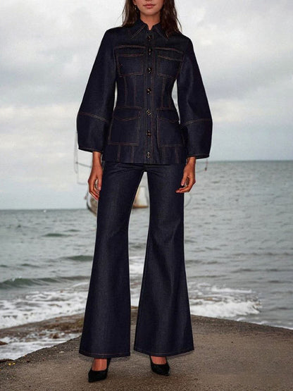 Pantalon en jean taille haute à jambes larges et poches de couleur unie 