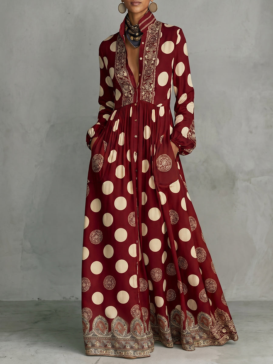 Polka-Dot Pockets Pleated Contrast Color Buttoned Big Hemline Puff Sleeves Loose Stand Collar Maxi Dresses