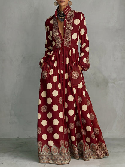 Polka-Dot Pockets Pleated Contrast Color Buttoned Big Hemline Puff Sleeves Loose Stand Collar Maxi Dresses