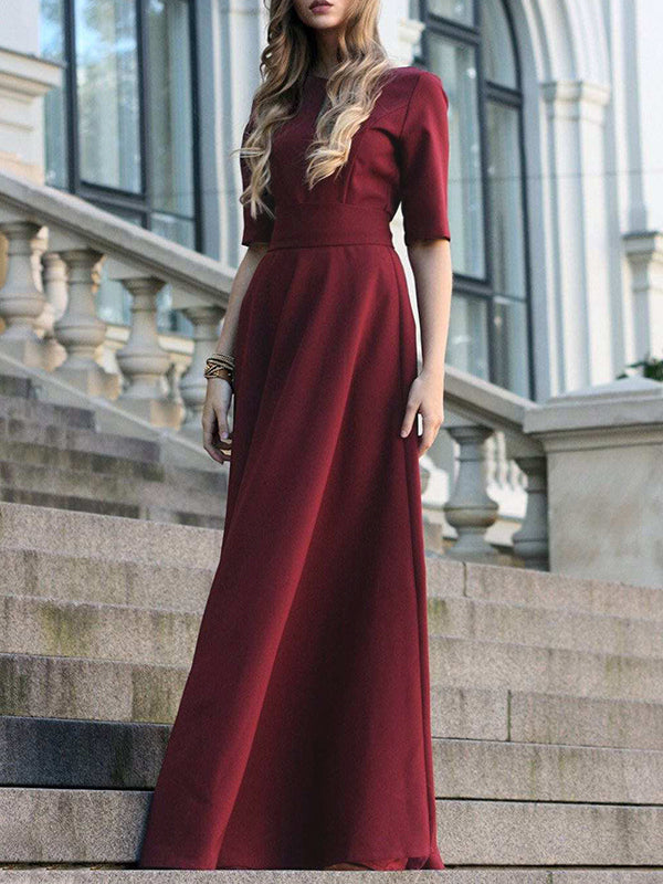 Half Sleeves High Waisted Solid Color Tied Waist V-Neck Maxi Dresses