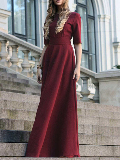 Half Sleeves High Waisted Solid Color Tied Waist V-Neck Maxi Dresses