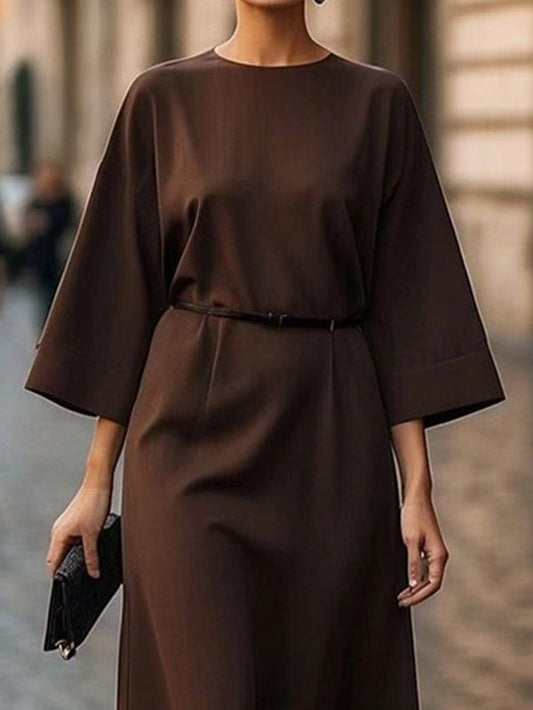 Loose Three-Quarter Sleeves Pleated Solid Color Split-Joint Round-Neck Midi Dresses