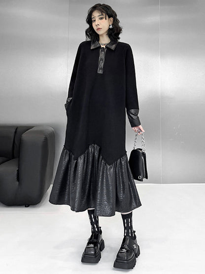 A-Line Long Sleeves Buttoned Split-Joint Polo Midi Dresses Sweater Dresses
