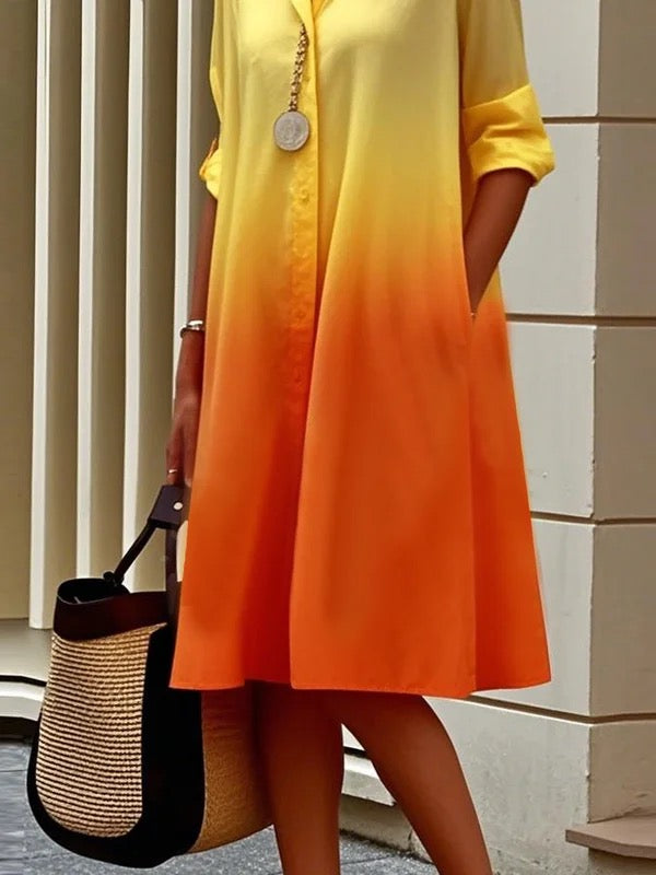 Long Sleeves Loose Buttoned Contrast Color Gradient Lapel Midi Dresses Shirt Dress