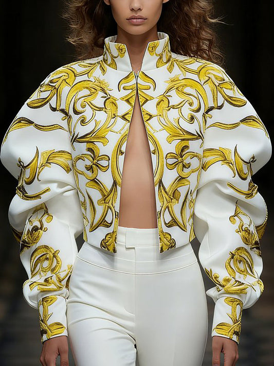 Long Sleeves Puff Sleeves Contrast Color Flower Print Split-Joint Zipper Stand Collar Outerwear