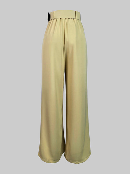 Loose Wide Leg Belted Pleated Solid Color Casual Pants Bottoms