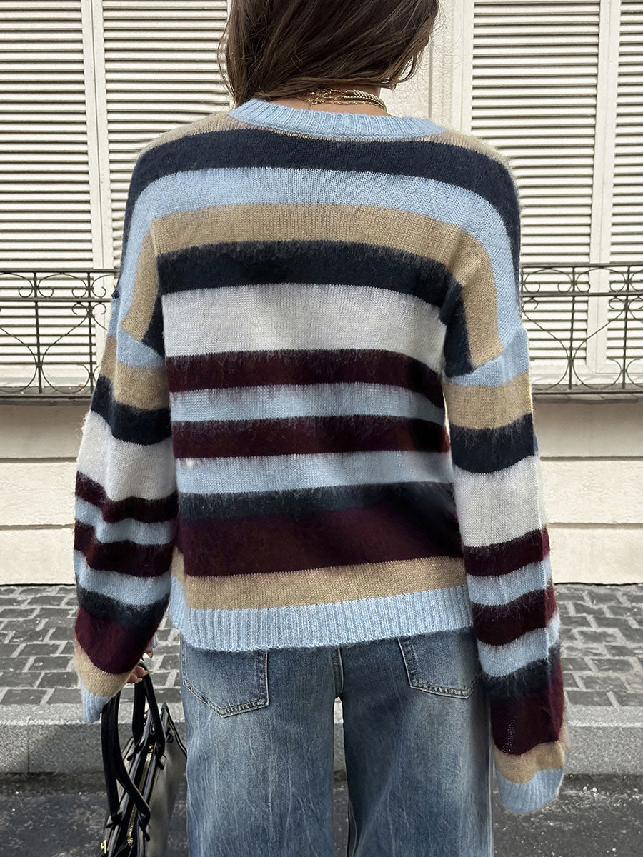 Striped Ribbed Contrast Color Loose Long Sleeves Round-neck Sweater Tops