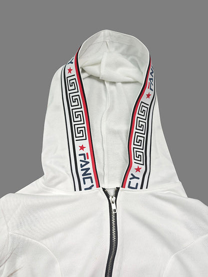 Long Sleeves Letter Print Split-Side Zipper Hooded Jackets+Pants Two Pieces Set