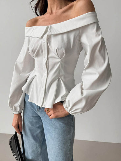 Long Sleeves Loose Buttoned Elasticity Pockets Solid Color Off-The-Shoulder Blouses&Shirts Tops