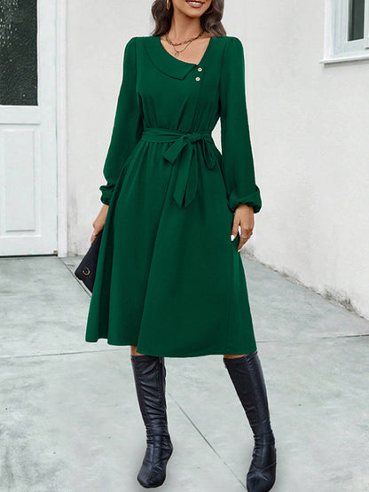A-Line Long Sleeves Buttoned Solid Color Tied Waist Asymmetric Collar Midi Dresses