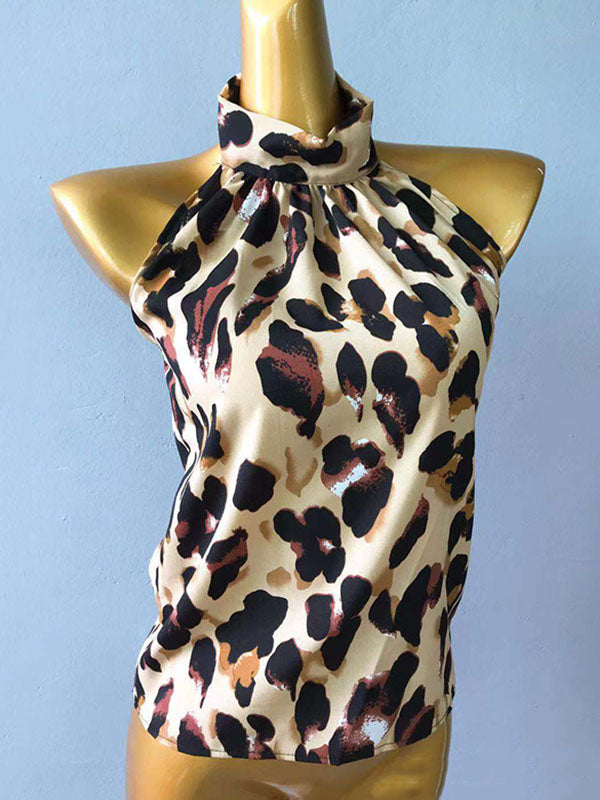 Haut sans manches ample à dos nu et à volants, style léopard plissé, col licou fendu 