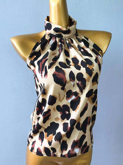 Haut sans manches ample à dos nu et à volants, style léopard plissé, col licou fendu 