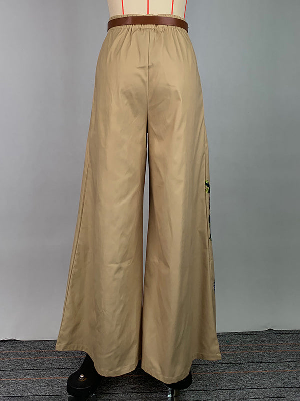 High Waisted Loose Belted Flower Print Pockets Pants Trousers