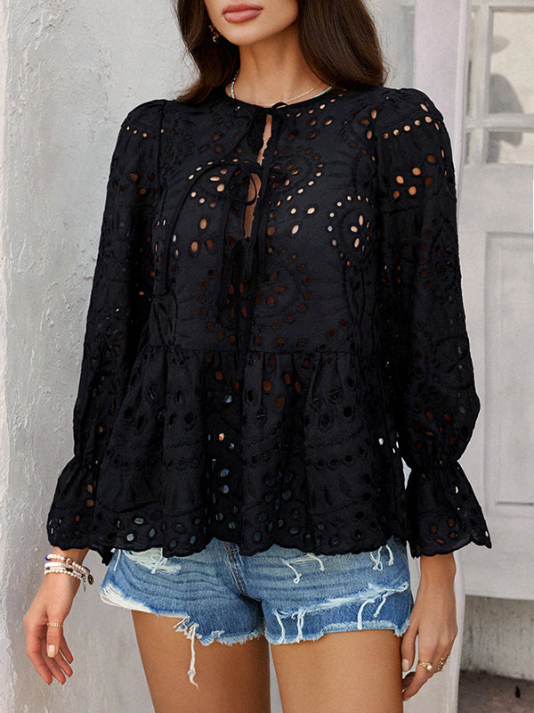 Long Sleeves Loose Elasticity Hollow Pleated Solid Color Tied Round-Neck Blouses&Shirts Tops